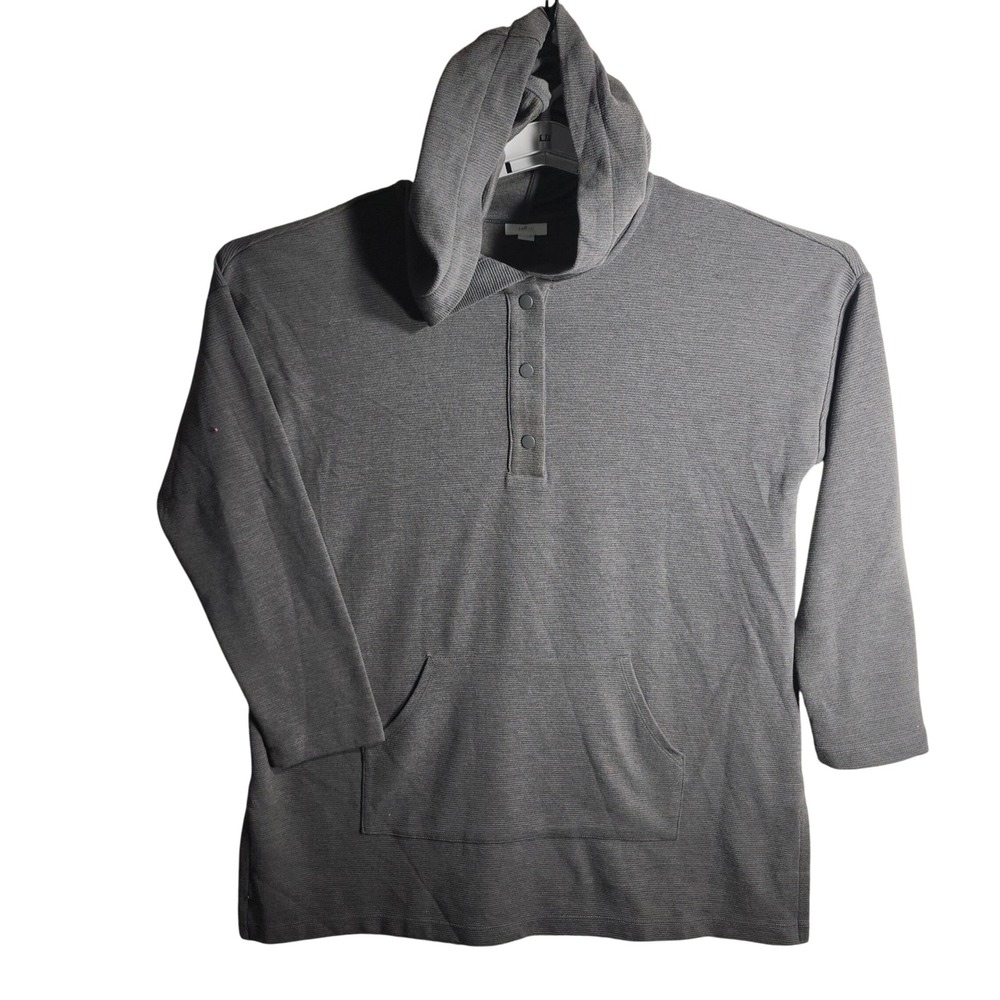 J Jill Fit Gray Heathered Henley Hoodie‎ Pullover Top Size L